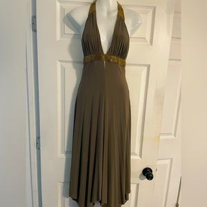 BCBG deep V neck open back olive coloured halter dress size small